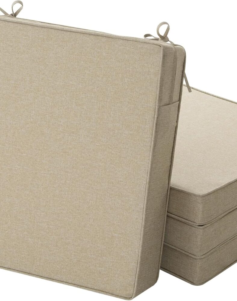 Outdoor Chair Cushions, Water-Resistant & Fade-Resistant, Patio Furniture Square Seat Replacement Chair Pads with Ties, Removable Cover, Non-Slip Bottom, Set of 4, 19 x 19 Inch, Natural