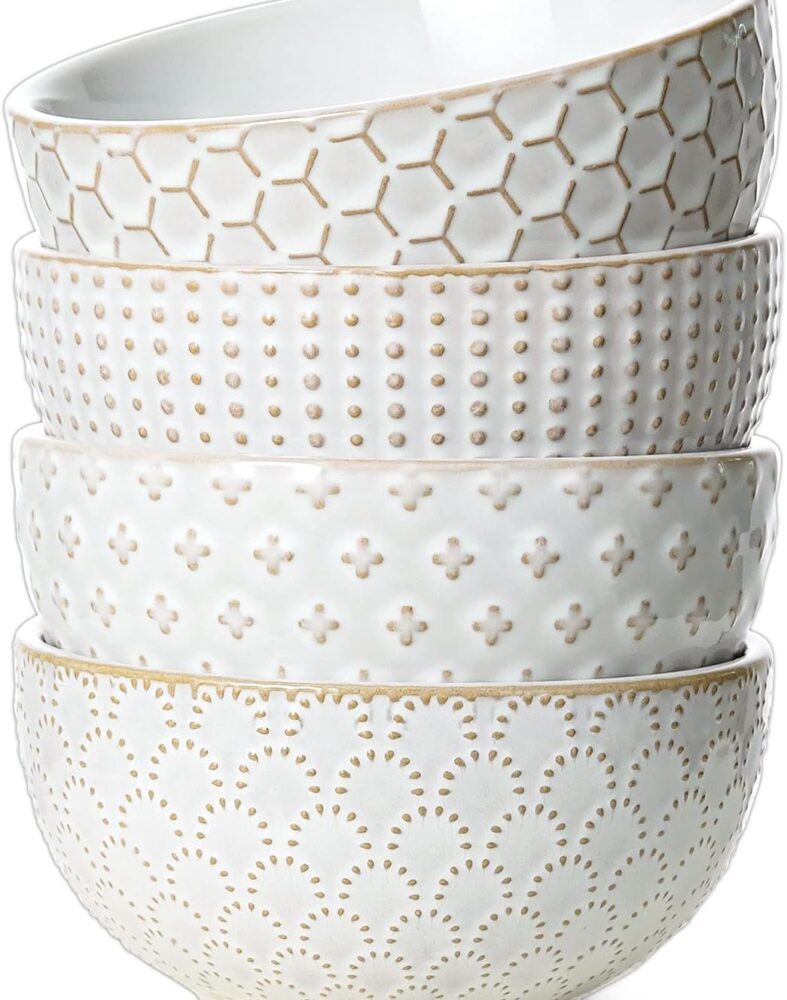LE TAUCI Small Bowls 12 OZ, Ice Cream Bowl, Ceramic Embossment Stoneware Bowl, Bowls Set for Dessert, Fruits, Side Dishes, Suit For Housewarming - 4.5 Inch, Set of 4, Arctic white